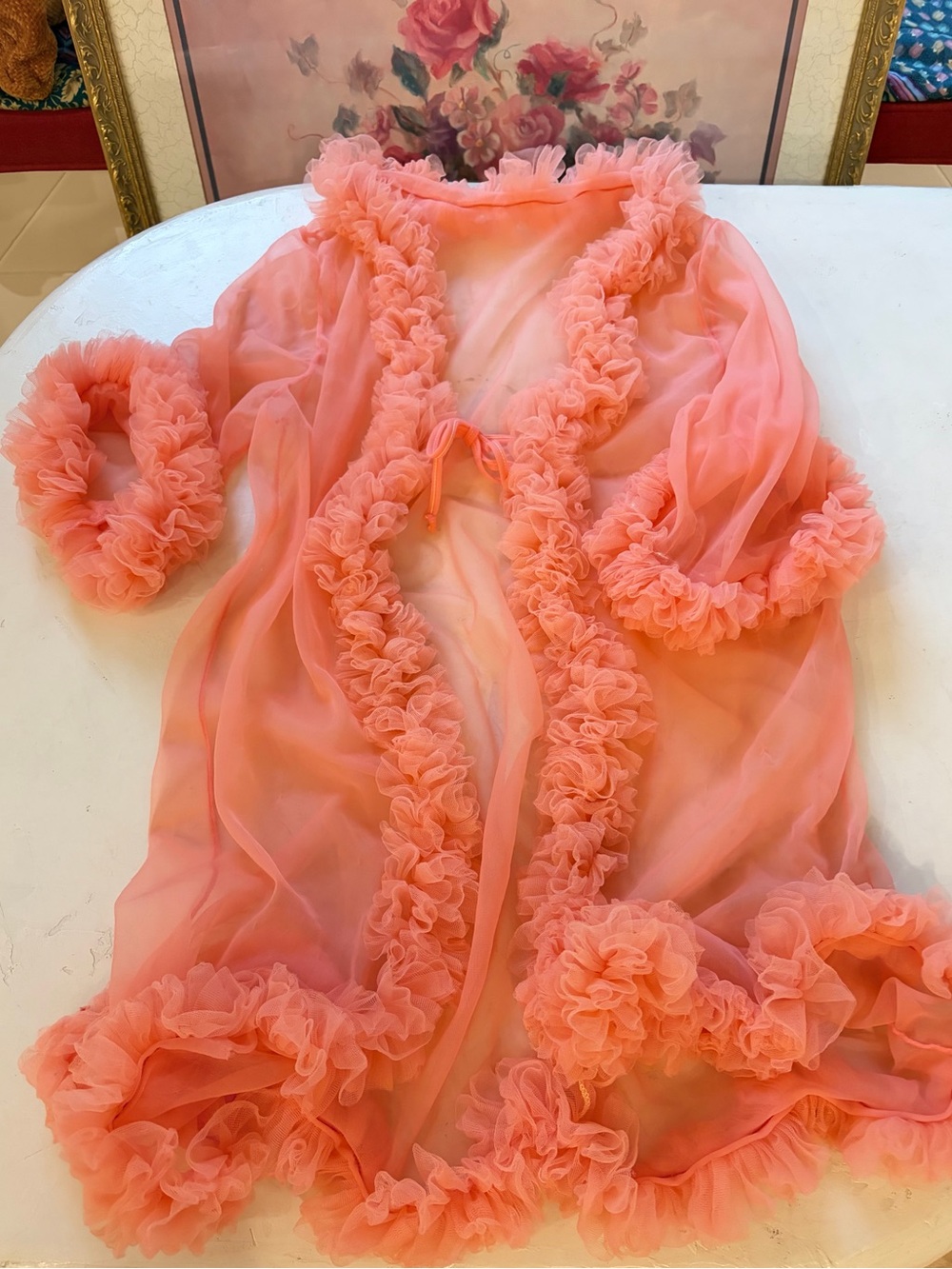 Rare 1960s Women’s Babydoll Peignoir Ruffle Robe - Coral Pink